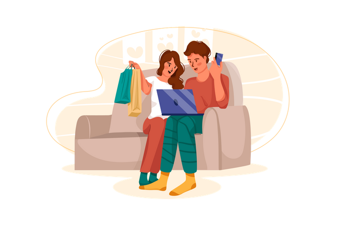 Casal fazendo compras online  Ilustração