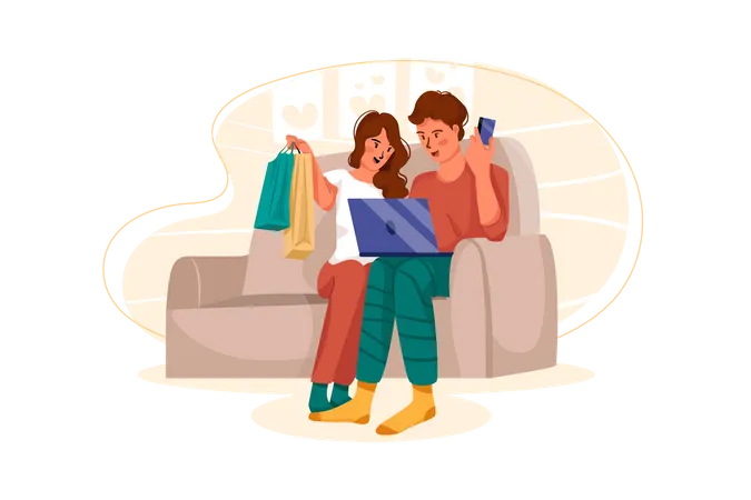 Casal fazendo compras online  Ilustração