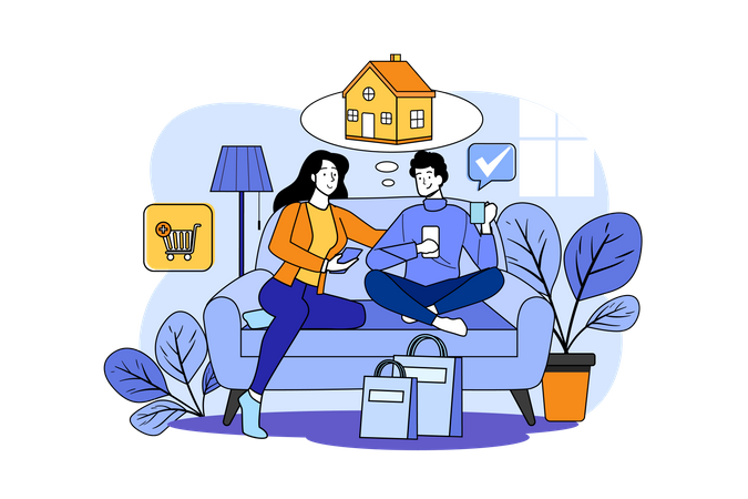 Casal fazendo compras online  Ilustração