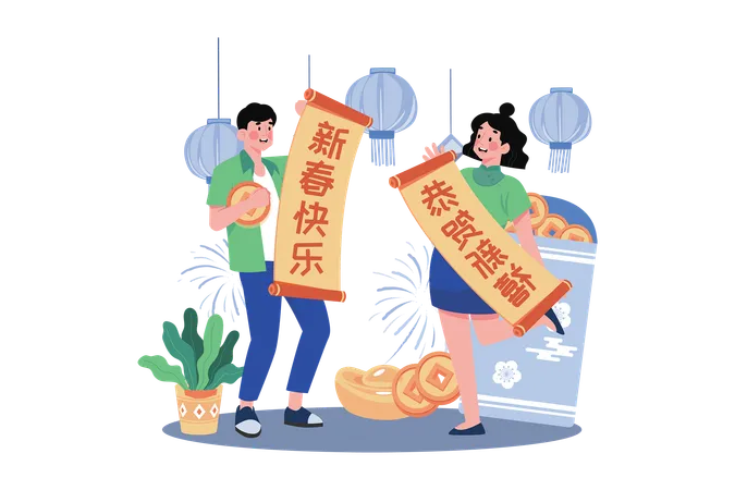 Casal fazendo decoração para o Ano Novo Chinês  Ilustração