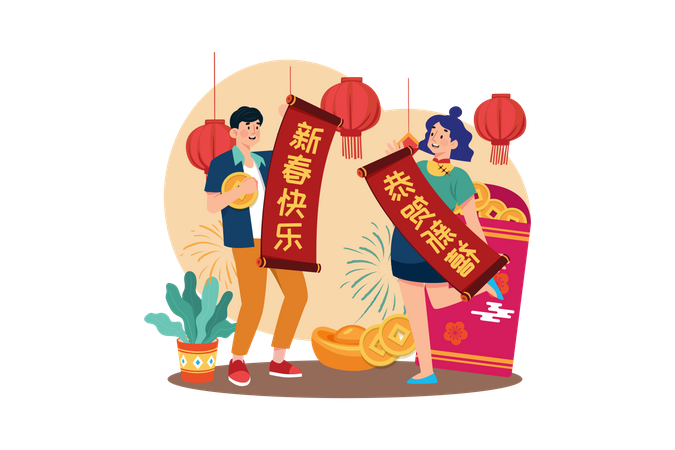 Casal fazendo decoração para o Ano Novo Chinês  Ilustração