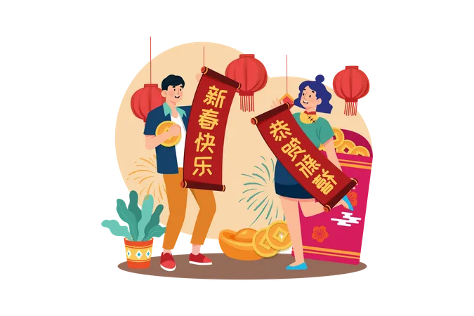 Casal fazendo decoração para o Ano Novo Chinês  Ilustração