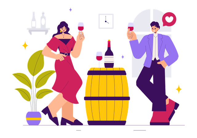 Casal fazendo degustação de vinhos  Ilustração