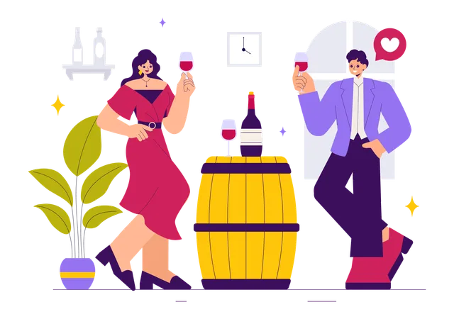 Casal fazendo degustação de vinhos  Ilustração