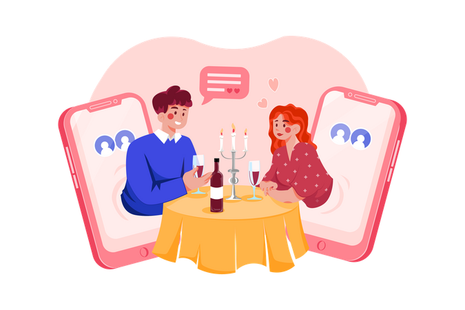 Casal fazendo encontro virtual em aplicativo de namoro  Ilustração