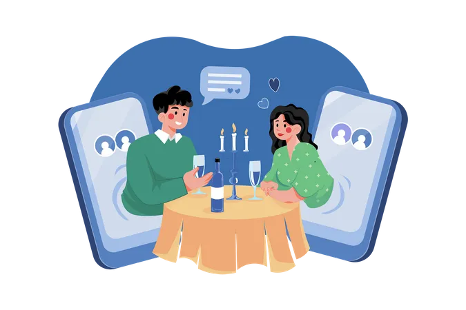 Casal fazendo encontro virtual em aplicativo de namoro  Ilustração