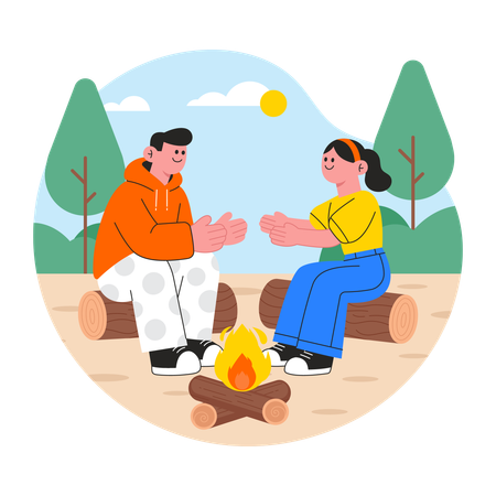 Casal fazendo fogueira  Ilustração