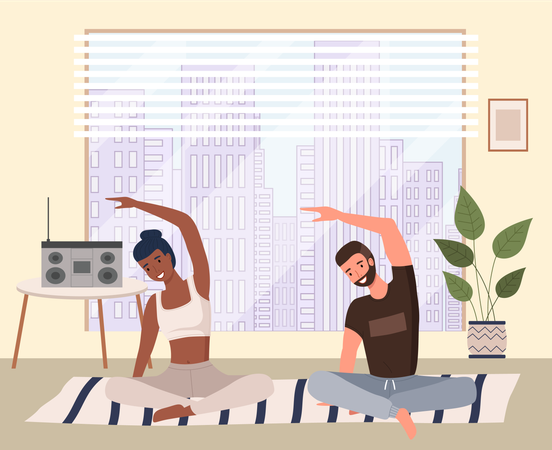 Casal fazendo yoga na sala de estar  Ilustração