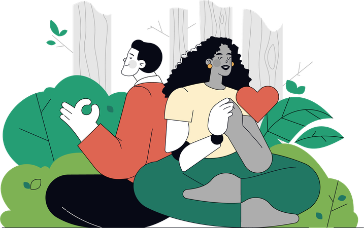 Casal fazendo meditação na floresta  Ilustração