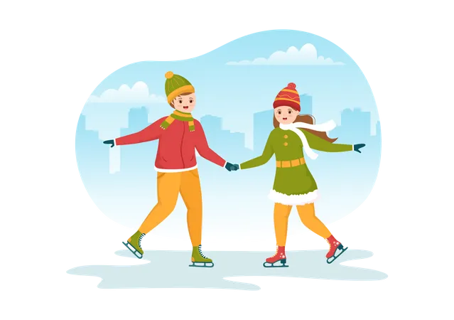 Casal patinando no gelo de mãos dadas  Ilustração
