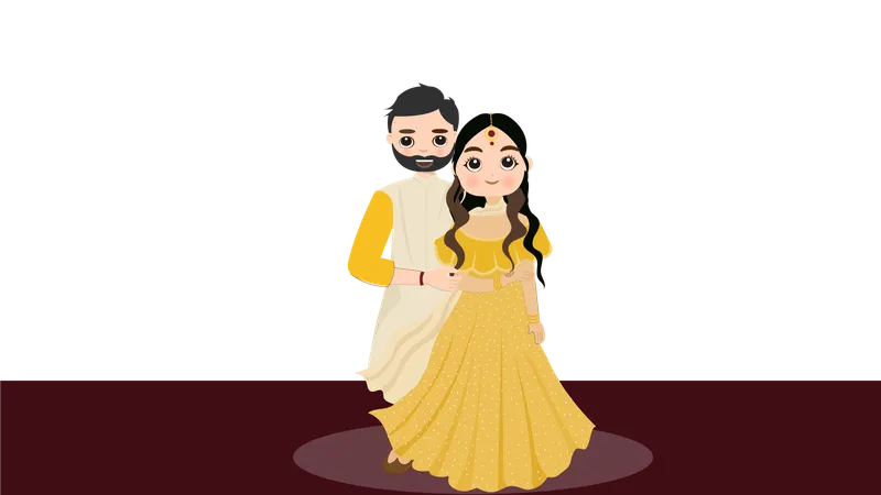 Casal fazendo pose para sessão de fotos de casamento Haldi  Ilustração