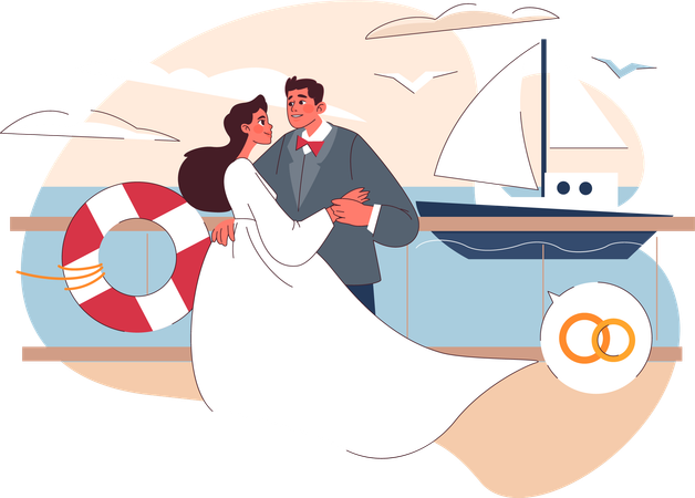 Casal fazendo pose romântica no navio  Ilustração