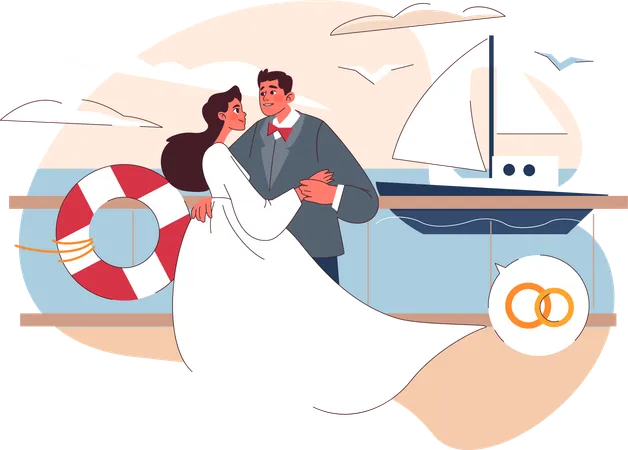 Casal fazendo pose romântica no navio  Ilustração