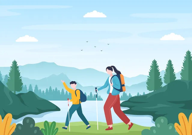 Casal fazendo trekking  Ilustração