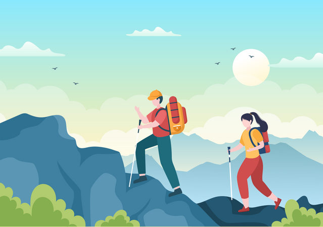 Casal fazendo trekking  Ilustração