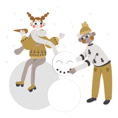 Casal fazendo um boneco de neve  Ilustração