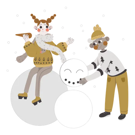 Casal fazendo um boneco de neve  Ilustração