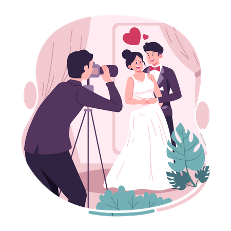 Casal fazendo sessão de fotos no dia do casamento  Ilustração