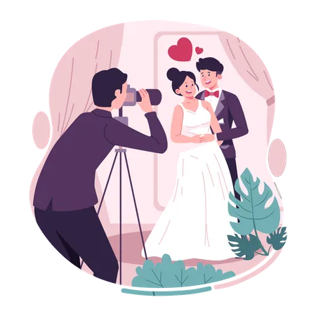 Casal fazendo sessão de fotos no dia do casamento  Ilustração