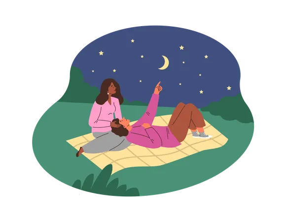 Casal amoroso feliz olhando para o céu estrelado na colina  Ilustração