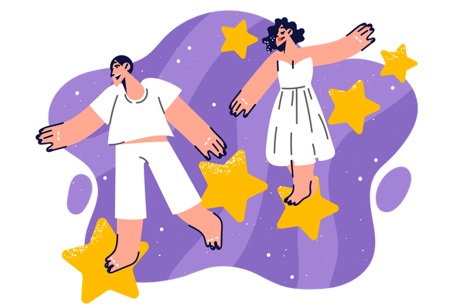 Casal feliz caminha sobre estrelas no espaço  Ilustração