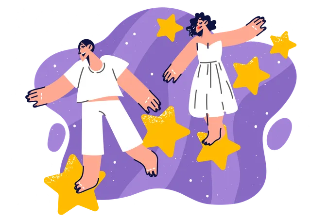 Casal feliz caminha sobre estrelas no espaço  Ilustração