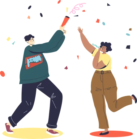Casal feliz comemorando evento de feriado com biscoito e confete  Ilustração