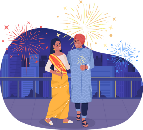 Casal feliz com luzes brilhantes no Diwali  Ilustração