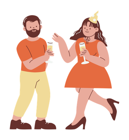 Casal feliz comemorando o ano novo e segurando bebidas  Ilustração