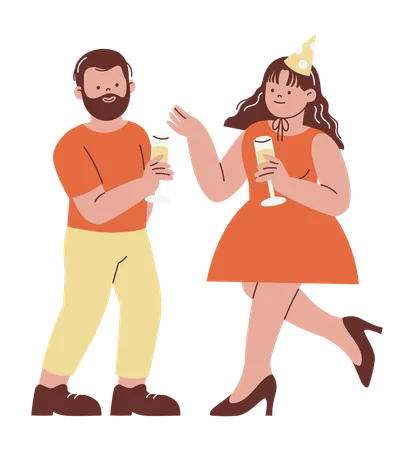 Casal feliz comemorando o ano novo e segurando bebidas  Ilustração