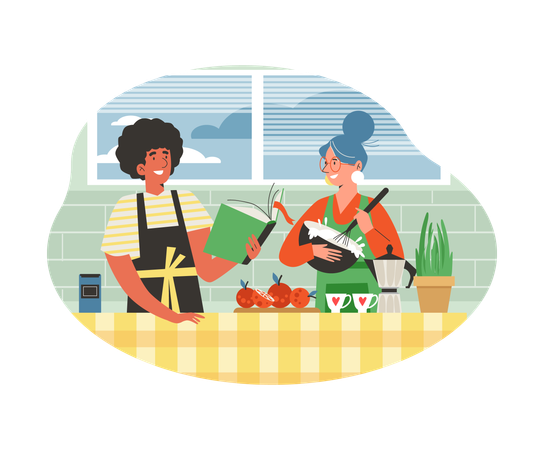 Casal feliz cozinhando juntos na cozinha  Ilustração