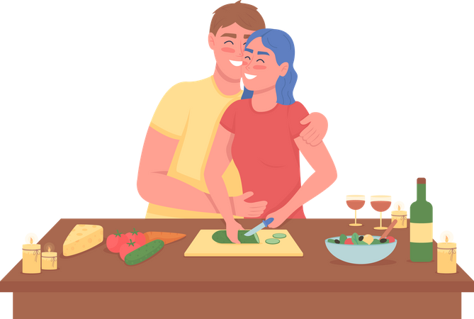 Casal feliz cozinhando um jantar romântico  Ilustração