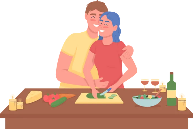 Casal feliz cozinhando um jantar romântico  Ilustração