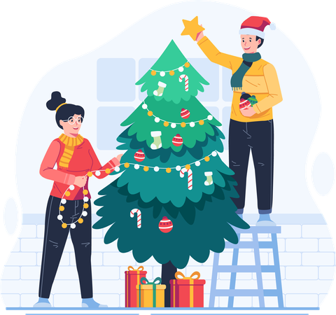 Casal feliz decorando árvore de Natal juntos  Ilustração