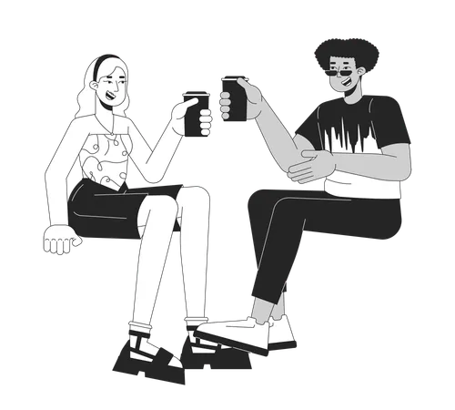 Feliz casal diversificado com bebidas  Ilustração