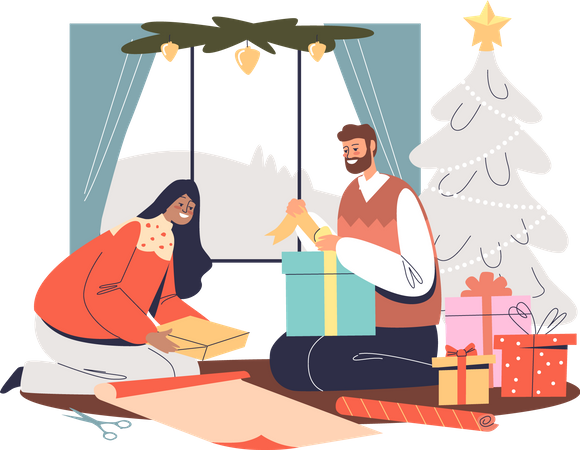 Casal feliz embrulhando presentes para o Natal sentados juntos no pinheiro de Natal decorado  Ilustração