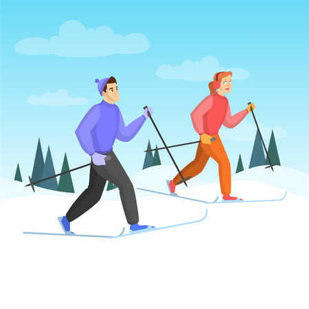 Casal feliz esquiando na temporada de inverno  Ilustração