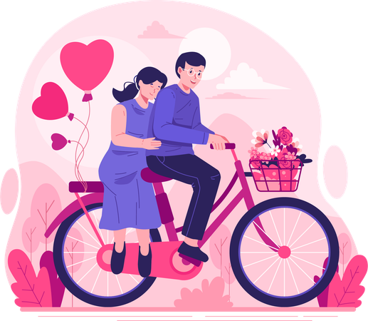 Casal feliz está andando de bicicleta juntos  Ilustração