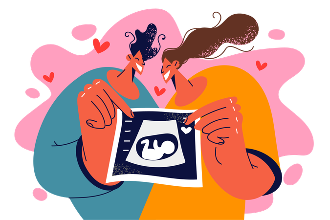 Casal feliz mostrando ultrassonografia do bebê  Ilustração