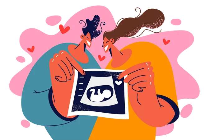 Casal feliz mostrando ultrassonografia do bebê  Ilustração