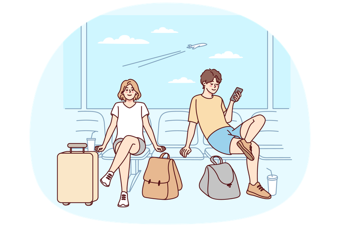 Casal feliz no aeroporto animado com a viagem  Ilustração
