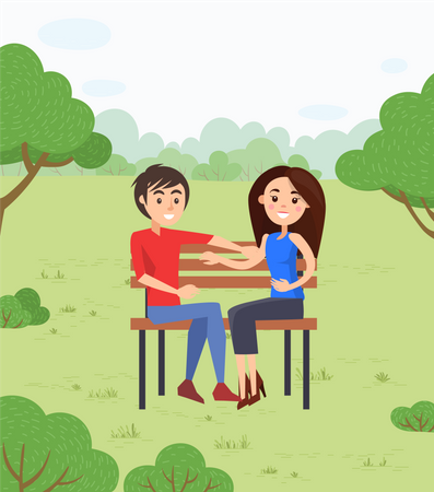 Casal feliz em um encontro no parque, sentado no banco  Ilustração