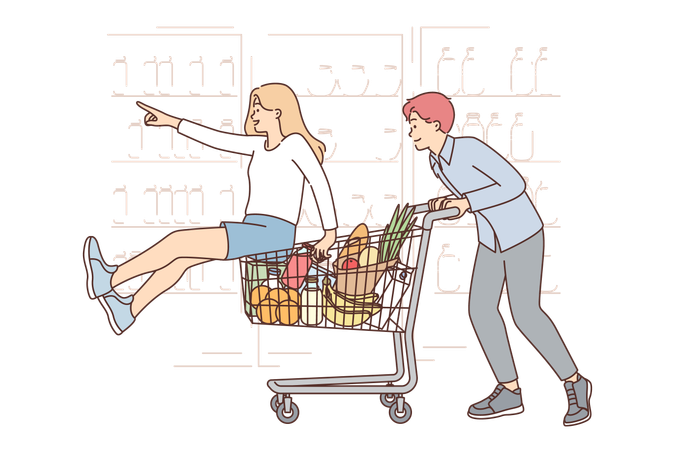 Casal feliz caminha pelo supermercado  Ilustração