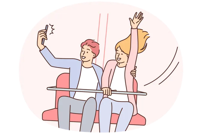 Casal feliz anda em atrações do parque e tira selfie para álbum de fotos da família  Ilustração