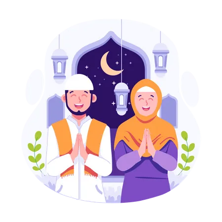 Casal feliz cumprimentando eid ramadan al-fitr  Ilustração