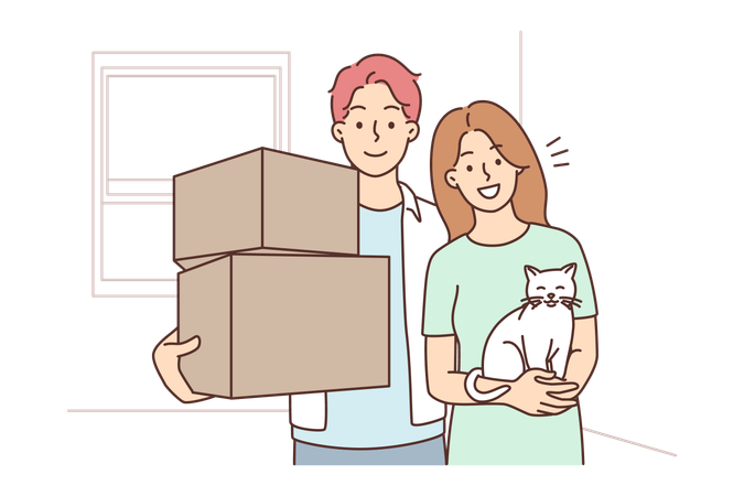 Casal feliz segurando gato e caixa  Ilustração