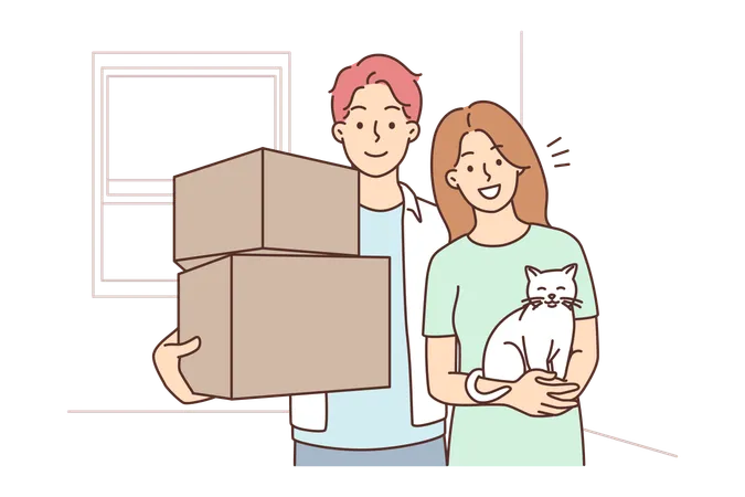 Casal feliz segurando gato e caixa  Ilustração