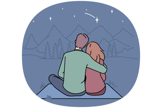 Casal feliz sentado nas montanhas aproveitando um fim de semana relaxante juntos  Ilustração