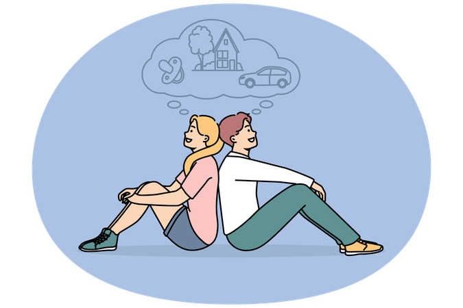 Casal sonhador feliz imagina um futuro brilhante juntos  Ilustração