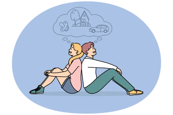 Casal sonhador feliz imagina um futuro brilhante juntos  Ilustração